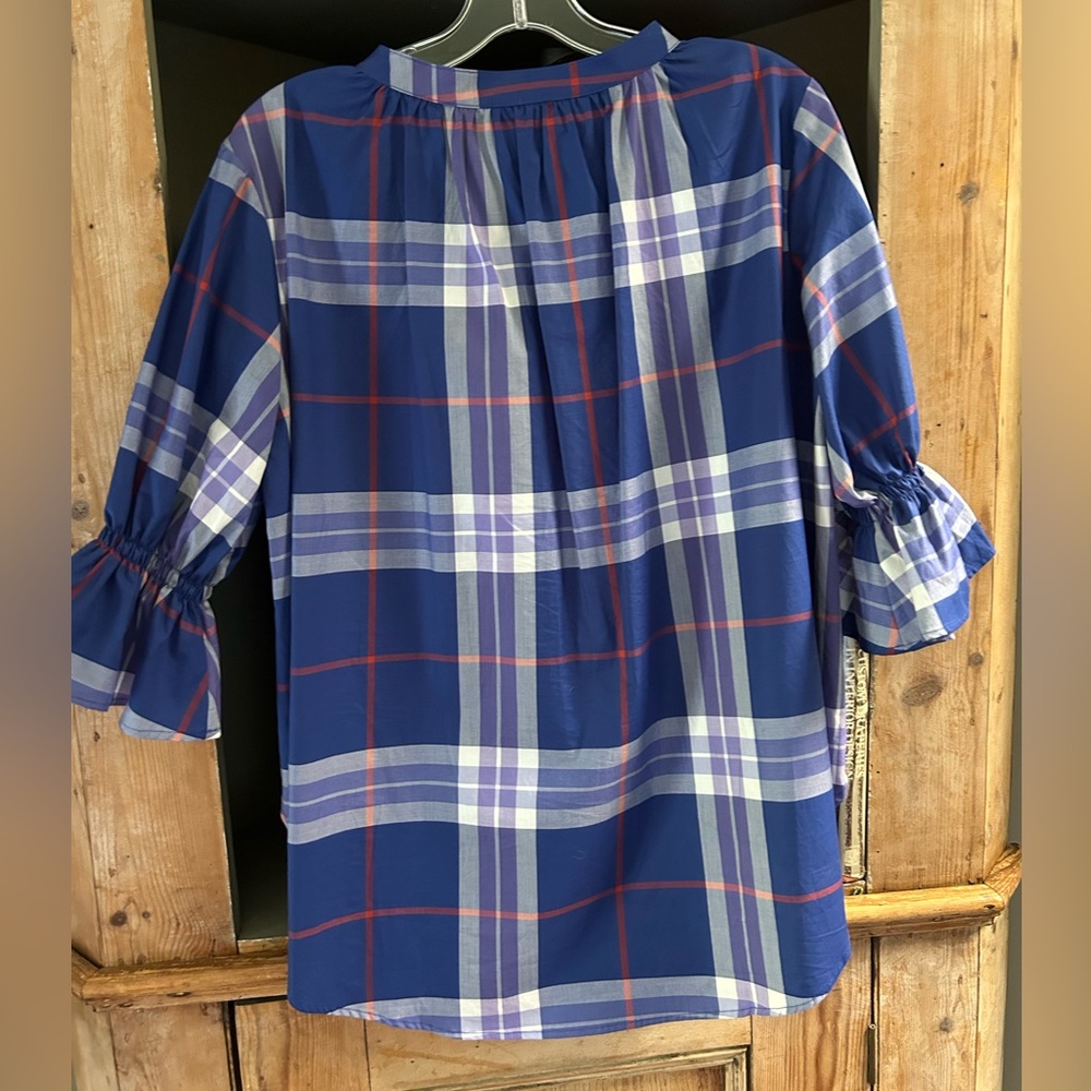 Harshman cotton blouse with elastic ruffle sleeve & hi-low hem. Size XS EUC